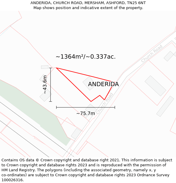 ANDERIDA, CHURCH ROAD, MERSHAM, ASHFORD, TN25 6NT: Plot and title map