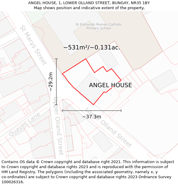 ANGEL HOUSE, 1, LOWER OLLAND STREET, BUNGAY, NR35 1BY: Plot and title map
