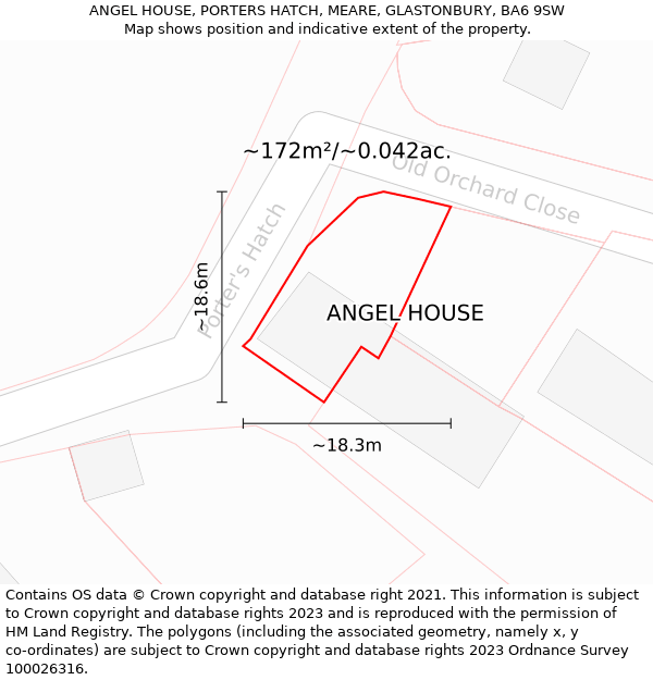 ANGEL HOUSE, PORTERS HATCH, MEARE, GLASTONBURY, BA6 9SW: Plot and title map