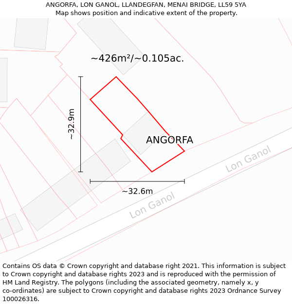 ANGORFA, LON GANOL, LLANDEGFAN, MENAI BRIDGE, LL59 5YA: Plot and title map