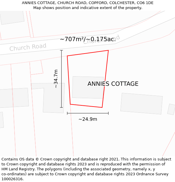 ANNIES COTTAGE, CHURCH ROAD, COPFORD, COLCHESTER, CO6 1DE: Plot and title map