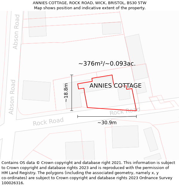 ANNIES COTTAGE, ROCK ROAD, WICK, BRISTOL, BS30 5TW: Plot and title map