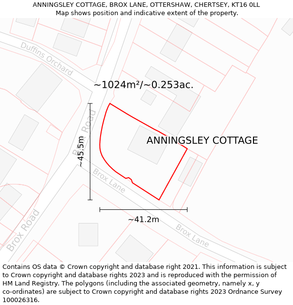 ANNINGSLEY COTTAGE, BROX LANE, OTTERSHAW, CHERTSEY, KT16 0LL: Plot and title map