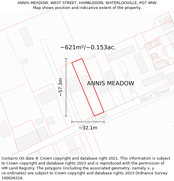 ANNIS MEADOW, WEST STREET, HAMBLEDON, WATERLOOVILLE, PO7 4RW: Plot and title map