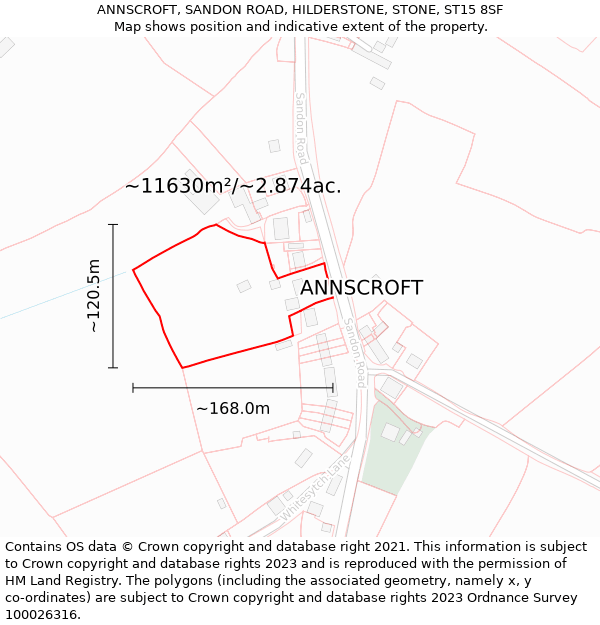 ANNSCROFT, SANDON ROAD, HILDERSTONE, STONE, ST15 8SF: Plot and title map