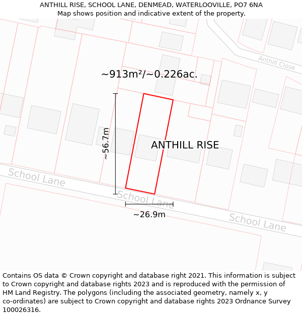 ANTHILL RISE, SCHOOL LANE, DENMEAD, WATERLOOVILLE, PO7 6NA: Plot and title map
