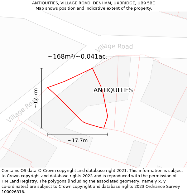 ANTIQUITIES, VILLAGE ROAD, DENHAM, UXBRIDGE, UB9 5BE: Plot and title map