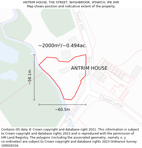 ANTRIM HOUSE, THE STREET, WASHBROOK, IPSWICH, IP8 3HR: Plot and title map