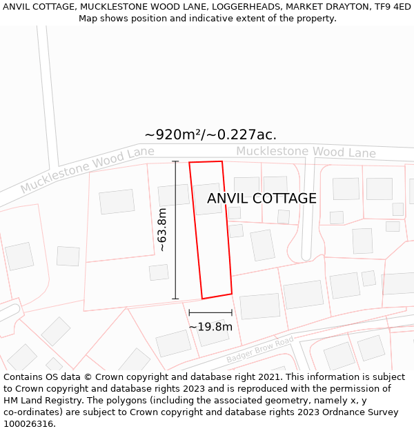 ANVIL COTTAGE, MUCKLESTONE WOOD LANE, LOGGERHEADS, MARKET DRAYTON, TF9 4ED: Plot and title map