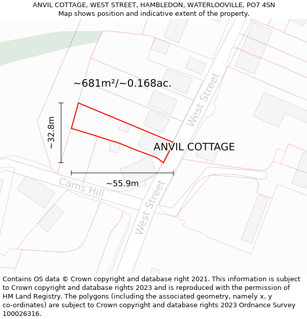 ANVIL COTTAGE, WEST STREET, HAMBLEDON, WATERLOOVILLE, PO7 4SN: Plot and title map