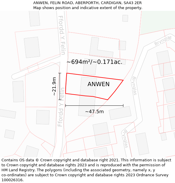 ANWEN, FELIN ROAD, ABERPORTH, CARDIGAN, SA43 2ER: Plot and title map