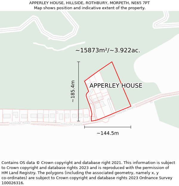APPERLEY HOUSE, HILLSIDE, ROTHBURY, MORPETH, NE65 7PT: Plot and title map