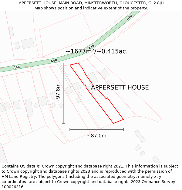 APPERSETT HOUSE, MAIN ROAD, MINSTERWORTH, GLOUCESTER, GL2 8JH: Plot and title map