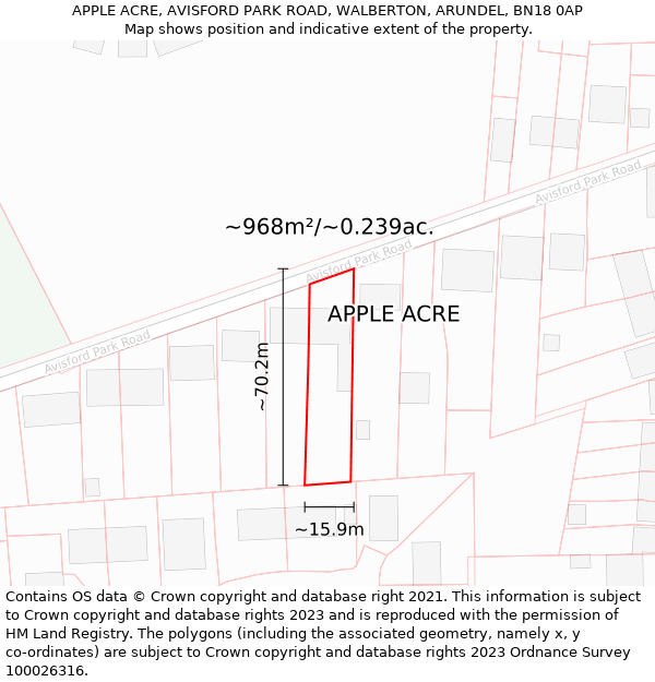 APPLE ACRE, AVISFORD PARK ROAD, WALBERTON, ARUNDEL, BN18 0AP: Plot and title map