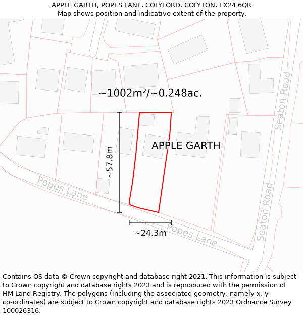 APPLE GARTH, POPES LANE, COLYFORD, COLYTON, EX24 6QR: Plot and title map