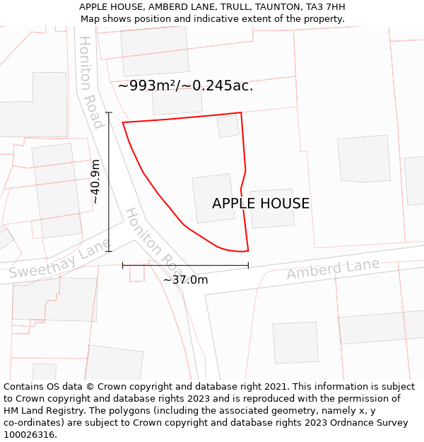 APPLE HOUSE, AMBERD LANE, TRULL, TAUNTON, TA3 7HH: Plot and title map