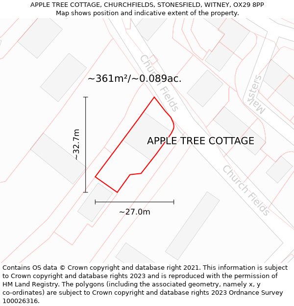 APPLE TREE COTTAGE, CHURCHFIELDS, STONESFIELD, WITNEY, OX29 8PP: Plot and title map