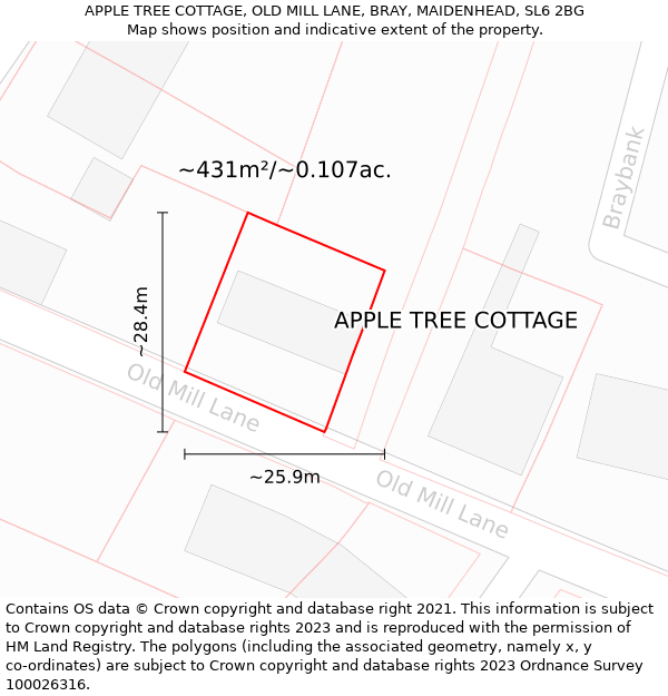 APPLE TREE COTTAGE, OLD MILL LANE, BRAY, MAIDENHEAD, SL6 2BG: Plot and title map