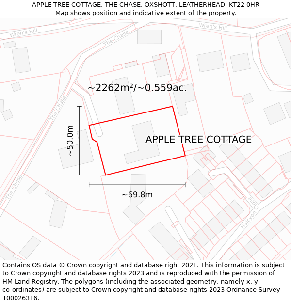 APPLE TREE COTTAGE, THE CHASE, OXSHOTT, LEATHERHEAD, KT22 0HR: Plot and title map