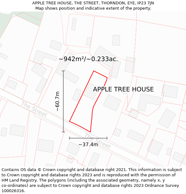 APPLE TREE HOUSE, THE STREET, THORNDON, EYE, IP23 7JN: Plot and title map