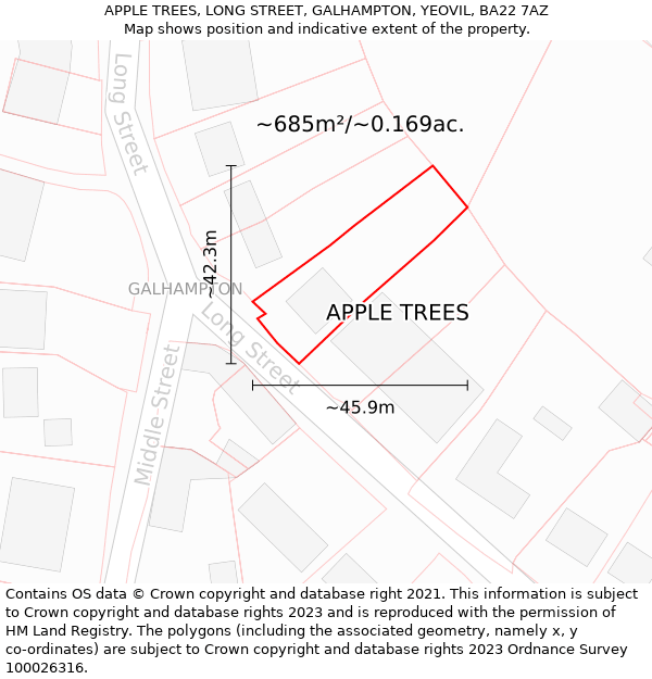 APPLE TREES, LONG STREET, GALHAMPTON, YEOVIL, BA22 7AZ: Plot and title map