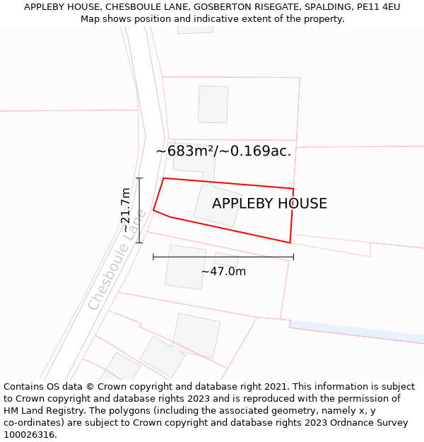 APPLEBY HOUSE, CHESBOULE LANE, GOSBERTON RISEGATE, SPALDING, PE11 4EU: Plot and title map