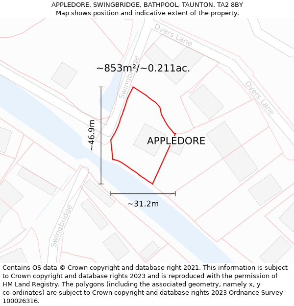 APPLEDORE, SWINGBRIDGE, BATHPOOL, TAUNTON, TA2 8BY: Plot and title map