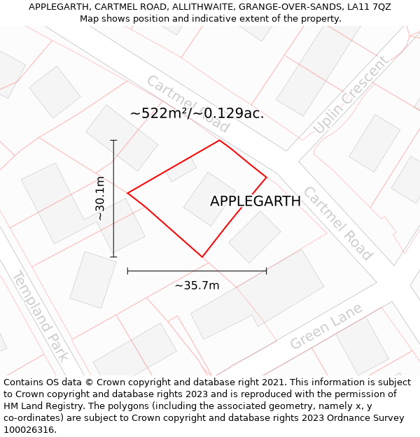 APPLEGARTH, CARTMEL ROAD, ALLITHWAITE, GRANGE-OVER-SANDS, LA11 7QZ: Plot and title map