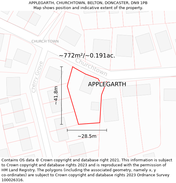 APPLEGARTH, CHURCHTOWN, BELTON, DONCASTER, DN9 1PB: Plot and title map