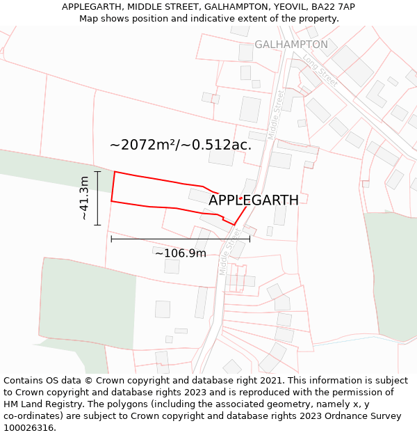 APPLEGARTH, MIDDLE STREET, GALHAMPTON, YEOVIL, BA22 7AP: Plot and title map