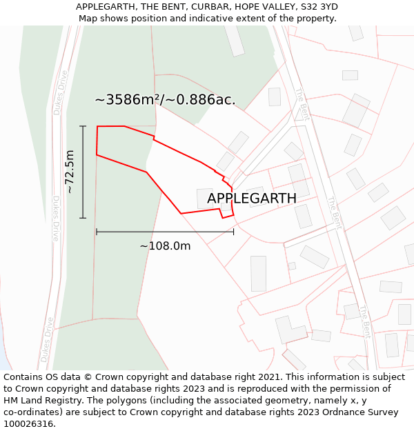 APPLEGARTH, THE BENT, CURBAR, HOPE VALLEY, S32 3YD: Plot and title map