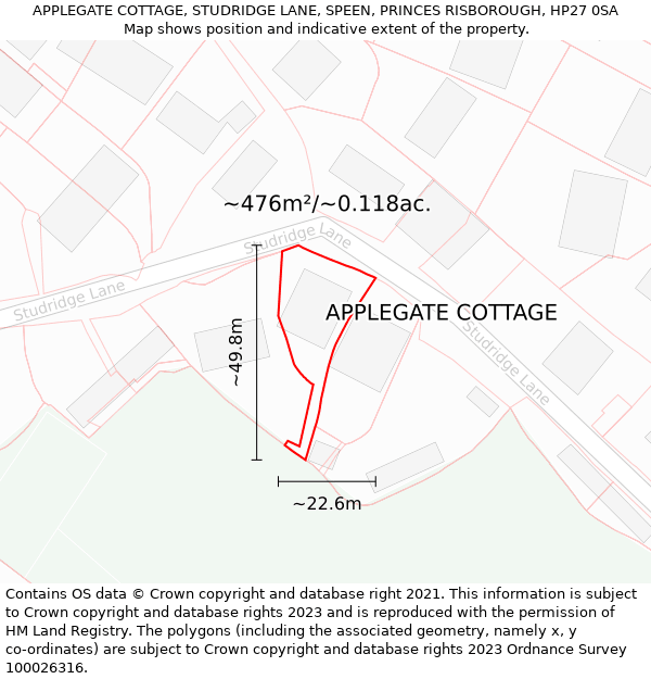 APPLEGATE COTTAGE, STUDRIDGE LANE, SPEEN, PRINCES RISBOROUGH, HP27 0SA: Plot and title map