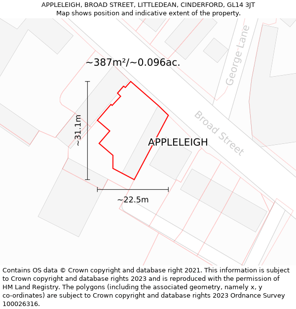 APPLELEIGH, BROAD STREET, LITTLEDEAN, CINDERFORD, GL14 3JT: Plot and title map