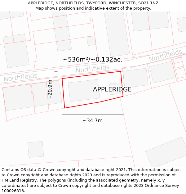 APPLERIDGE, NORTHFIELDS, TWYFORD, WINCHESTER, SO21 1NZ: Plot and title map