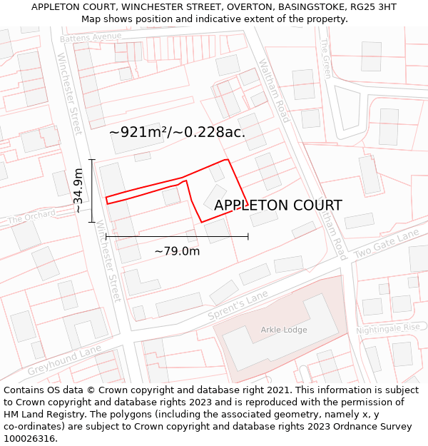 APPLETON COURT, WINCHESTER STREET, OVERTON, BASINGSTOKE, RG25 3HT: Plot and title map