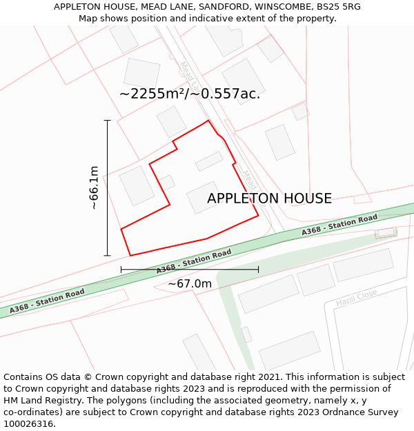 APPLETON HOUSE, MEAD LANE, SANDFORD, WINSCOMBE, BS25 5RG: Plot and title map