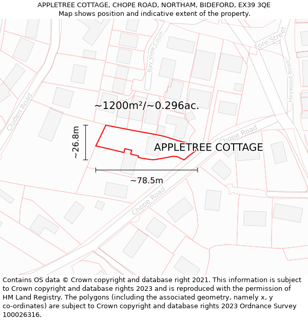 APPLETREE COTTAGE, CHOPE ROAD, NORTHAM, BIDEFORD, EX39 3QE: Plot and title map