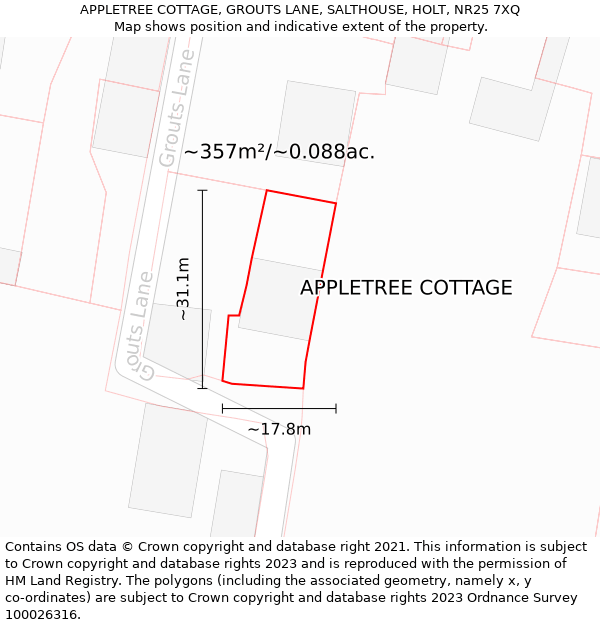 APPLETREE COTTAGE, GROUTS LANE, SALTHOUSE, HOLT, NR25 7XQ: Plot and title map