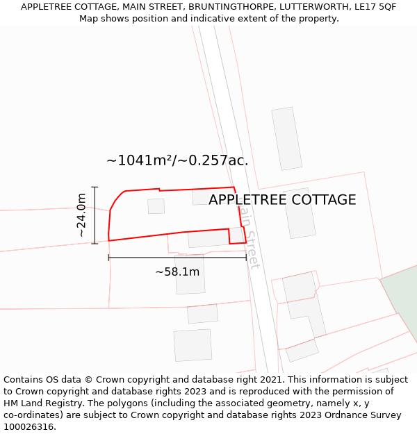 APPLETREE COTTAGE, MAIN STREET, BRUNTINGTHORPE, LUTTERWORTH, LE17 5QF: Plot and title map