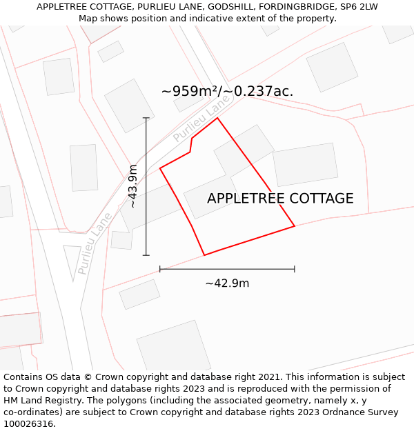 APPLETREE COTTAGE, PURLIEU LANE, GODSHILL, FORDINGBRIDGE, SP6 2LW: Plot and title map