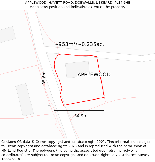 APPLEWOOD, HAVETT ROAD, DOBWALLS, LISKEARD, PL14 6HB: Plot and title map
