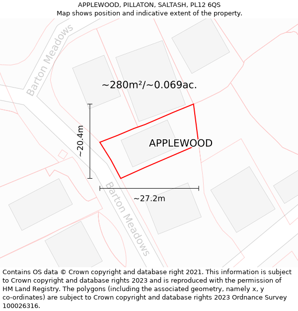 APPLEWOOD, PILLATON, SALTASH, PL12 6QS: Plot and title map