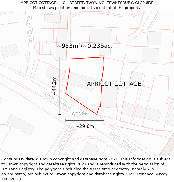 APRICOT COTTAGE, HIGH STREET, TWYNING, TEWKESBURY, GL20 6DE: Plot and title map