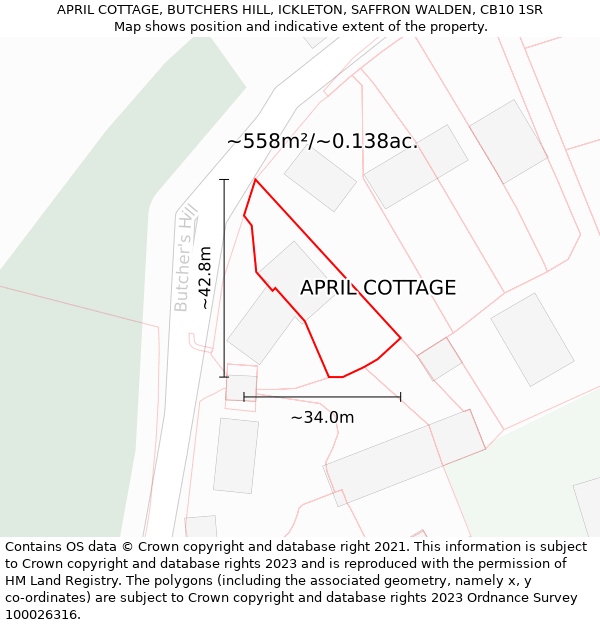 APRIL COTTAGE, BUTCHERS HILL, ICKLETON, SAFFRON WALDEN, CB10 1SR: Plot and title map