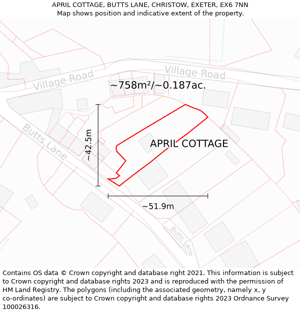 APRIL COTTAGE, BUTTS LANE, CHRISTOW, EXETER, EX6 7NN: Plot and title map