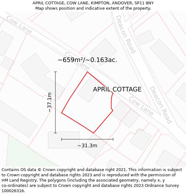 APRIL COTTAGE, COW LANE, KIMPTON, ANDOVER, SP11 8NY: Plot and title map