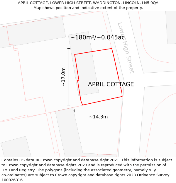 APRIL COTTAGE, LOWER HIGH STREET, WADDINGTON, LINCOLN, LN5 9QA: Plot and title map