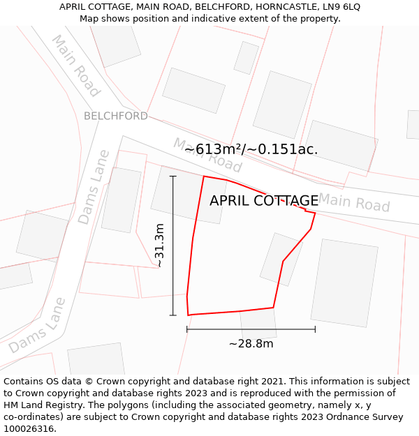 APRIL COTTAGE, MAIN ROAD, BELCHFORD, HORNCASTLE, LN9 6LQ: Plot and title map