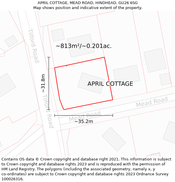 APRIL COTTAGE, MEAD ROAD, HINDHEAD, GU26 6SG: Plot and title map