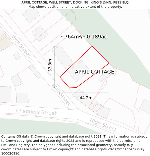 APRIL COTTAGE, WELL STREET, DOCKING, KING'S LYNN, PE31 8LQ: Plot and title map